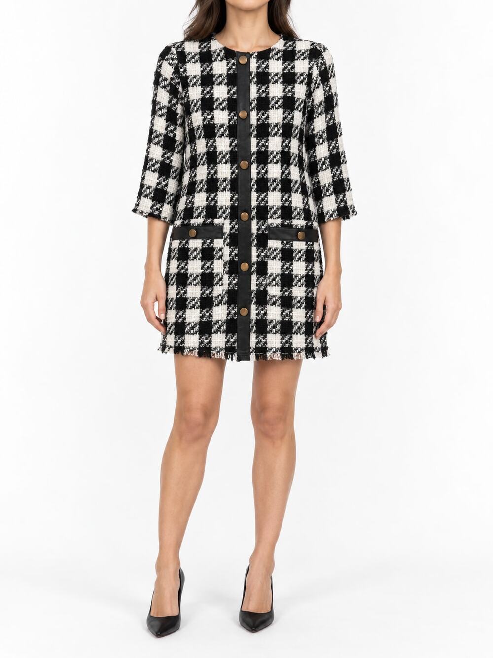 Zara TRF Collection Black White Tweed Gold Buttons Mini Shift Dress Women's XS